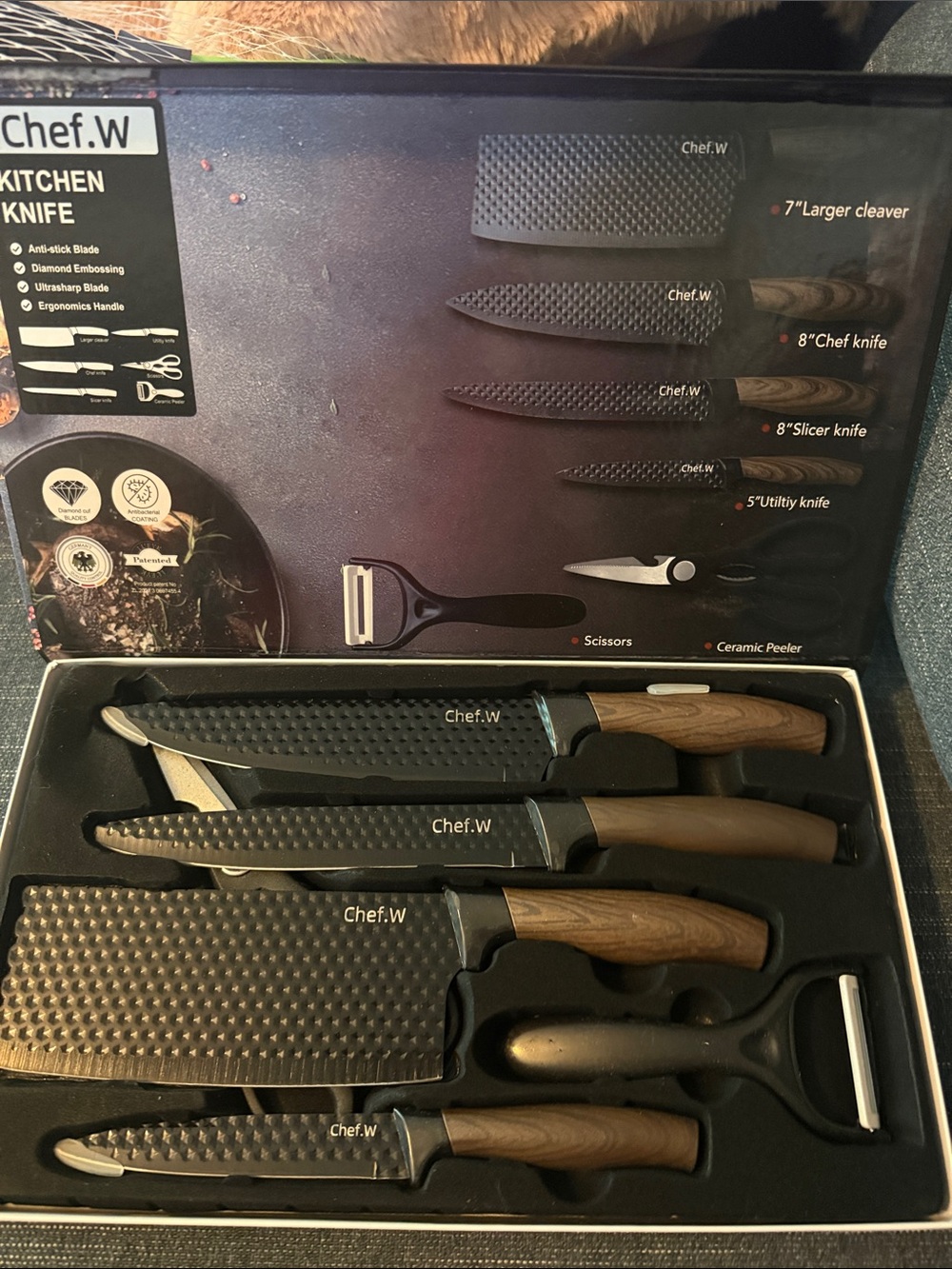 Stainless steel kitchen knife set, Chef.W 6-piece with diamond embossing